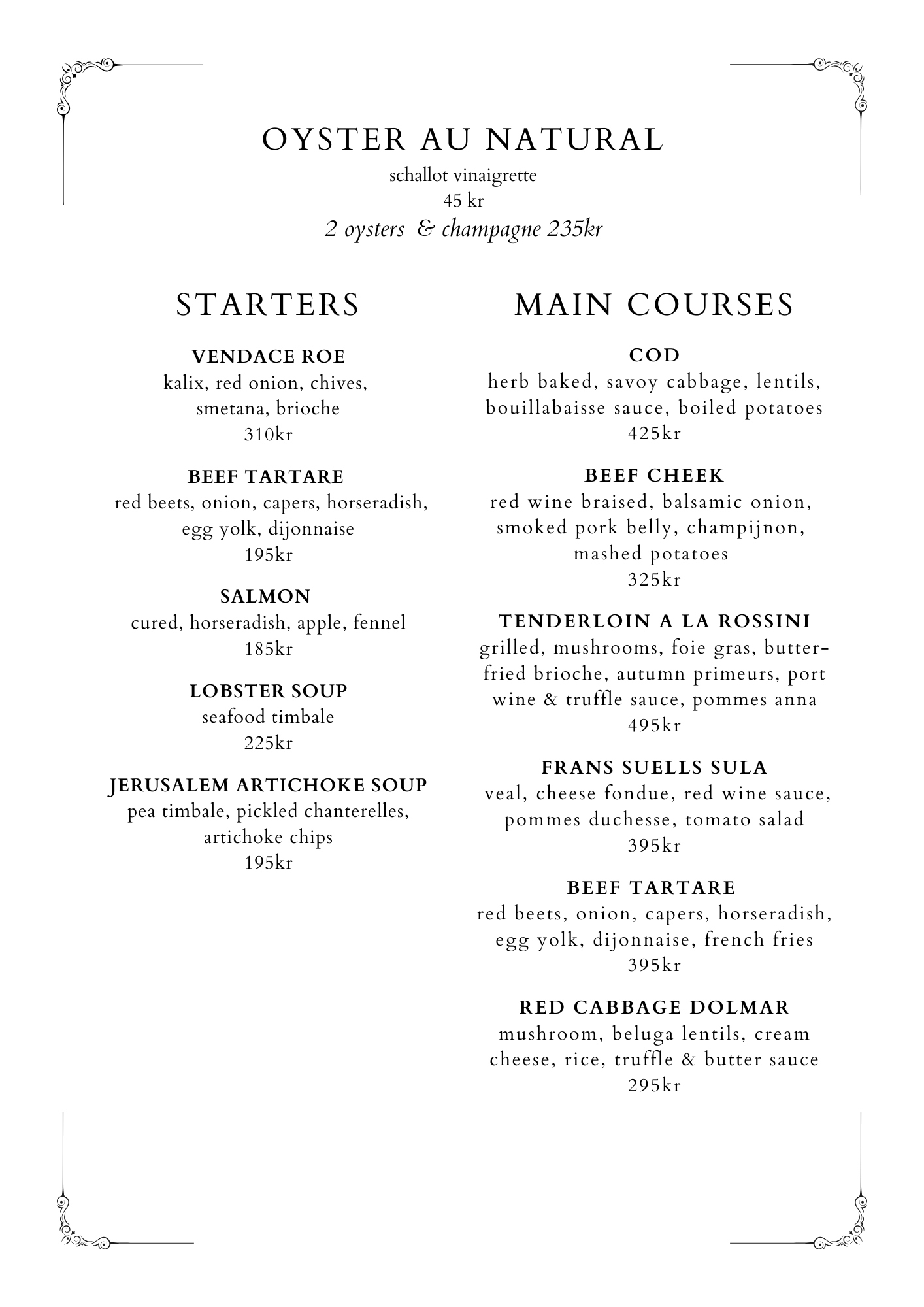 a la carte menu at restaurant in malmö